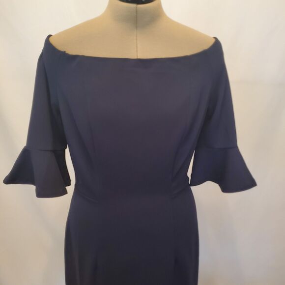 NWT ABS Collection Womens Sheath Dress Size10 Navy Blue Bell Sleeve Off Shoulder - Picture 3 of 14